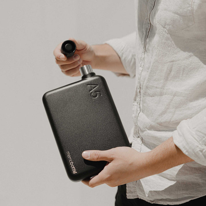 A5 Stainless Steel memobottle™ Black | slimline reusable WATER BOTTLE | 1050 ml