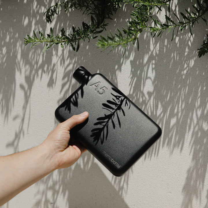 A5 Stainless Steel memobottle™ Black | slimline reusable WATER BOTTLE | 1050 ml