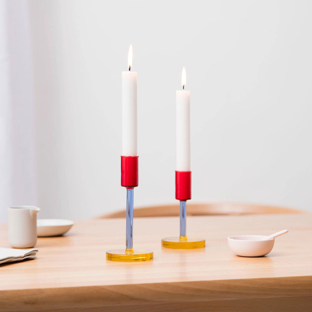 GLASS CANDLESTICK - dreifarbige Glas-KERZENSTÄNDER - Gelb Blau Rot