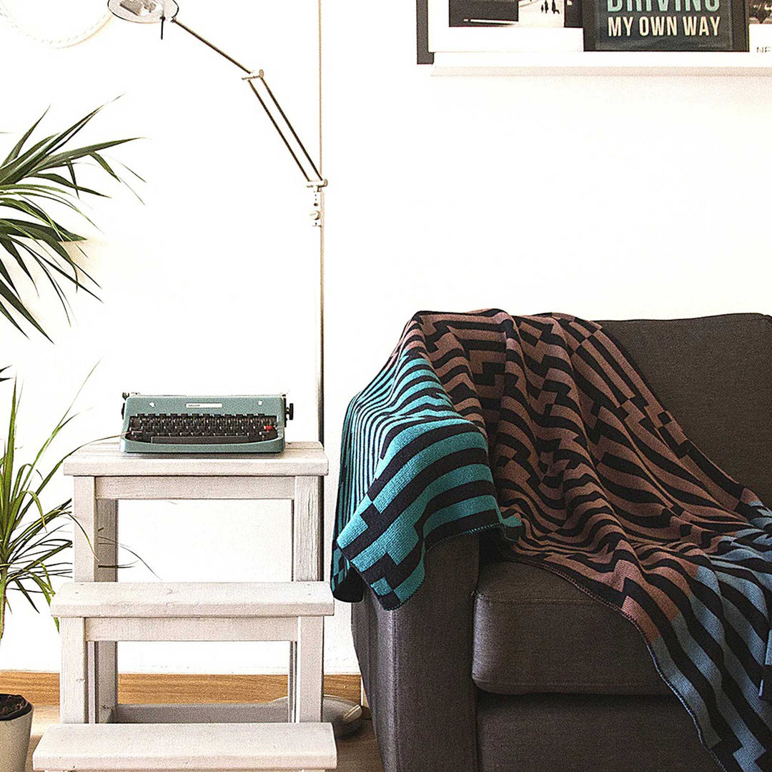 BITMAP ZOOM OUT 1 | blue, brown & mint THROW | 180x140 cm | 100% Merino Wool | Cristian Zuzunaga