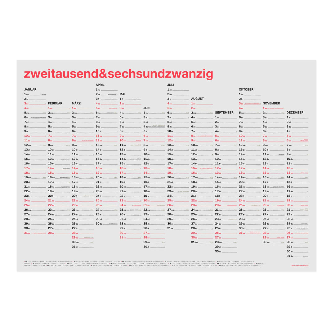 zweitausend&sechsundzwanzig - JAHRES-WANDKALENDER 2026 - Neon-Korall Schwarz Gold - A2 59x42 cm | rikiki