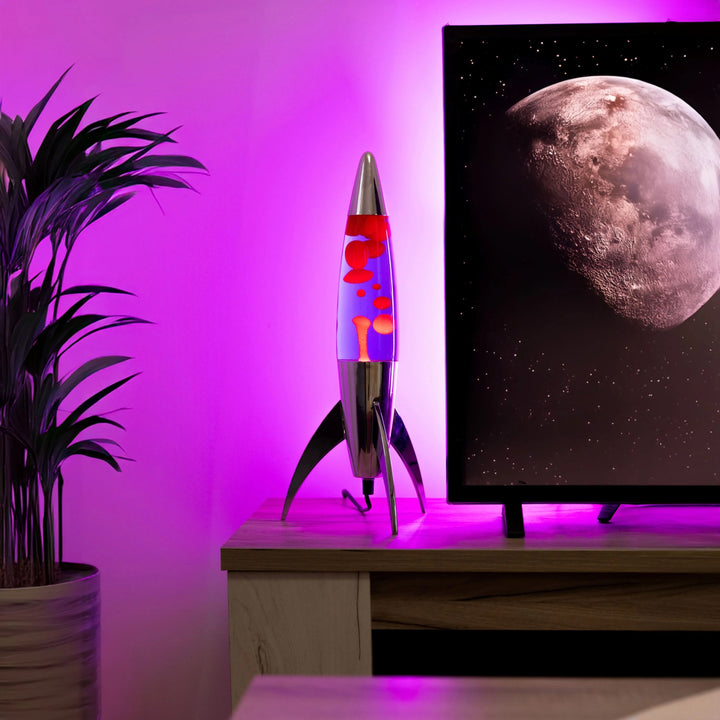 Lavalampe Rocket – Silber · Violette Lava · Retro · 45 cm | Fisura · Tischlampe