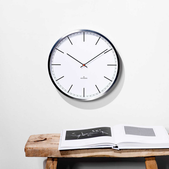 ONE INDEX | Silent WALL CLOCK | stainless steel with white dial & indices | Huygens