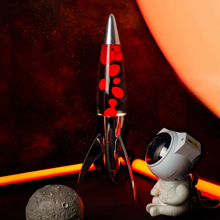 Lavalampe Rocket – Silber · Rote Lava · Retro · 45 cm | Fisura · Tischlampe
