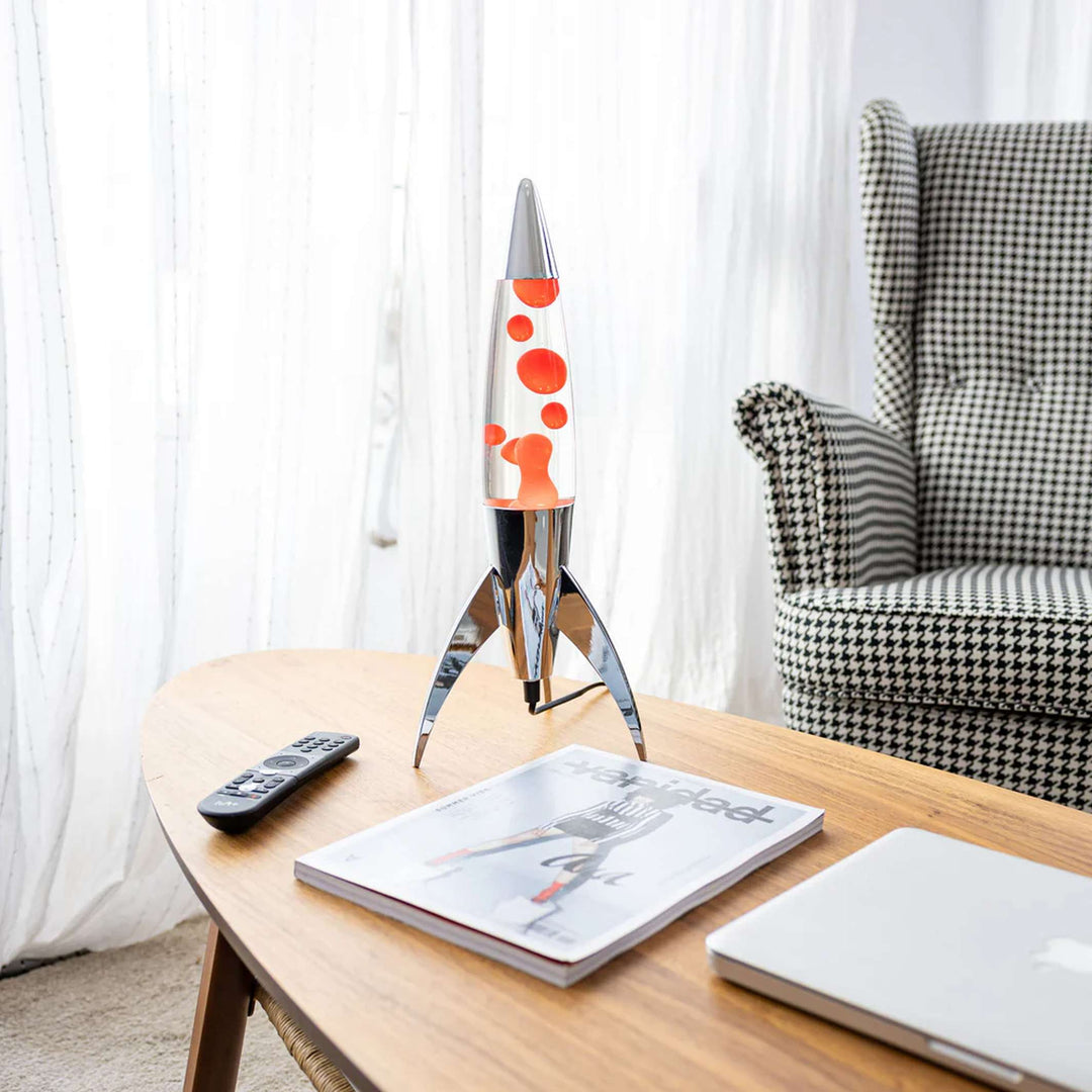 Lavalampe Rocket – Silber · Rote Lava · Retro · 45 cm | Fisura · Tischlampe