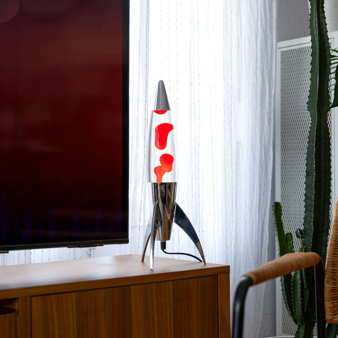 Lavalampe Rocket – Silber · Rote Lava · Retro · 45 cm | Fisura · Tischlampe