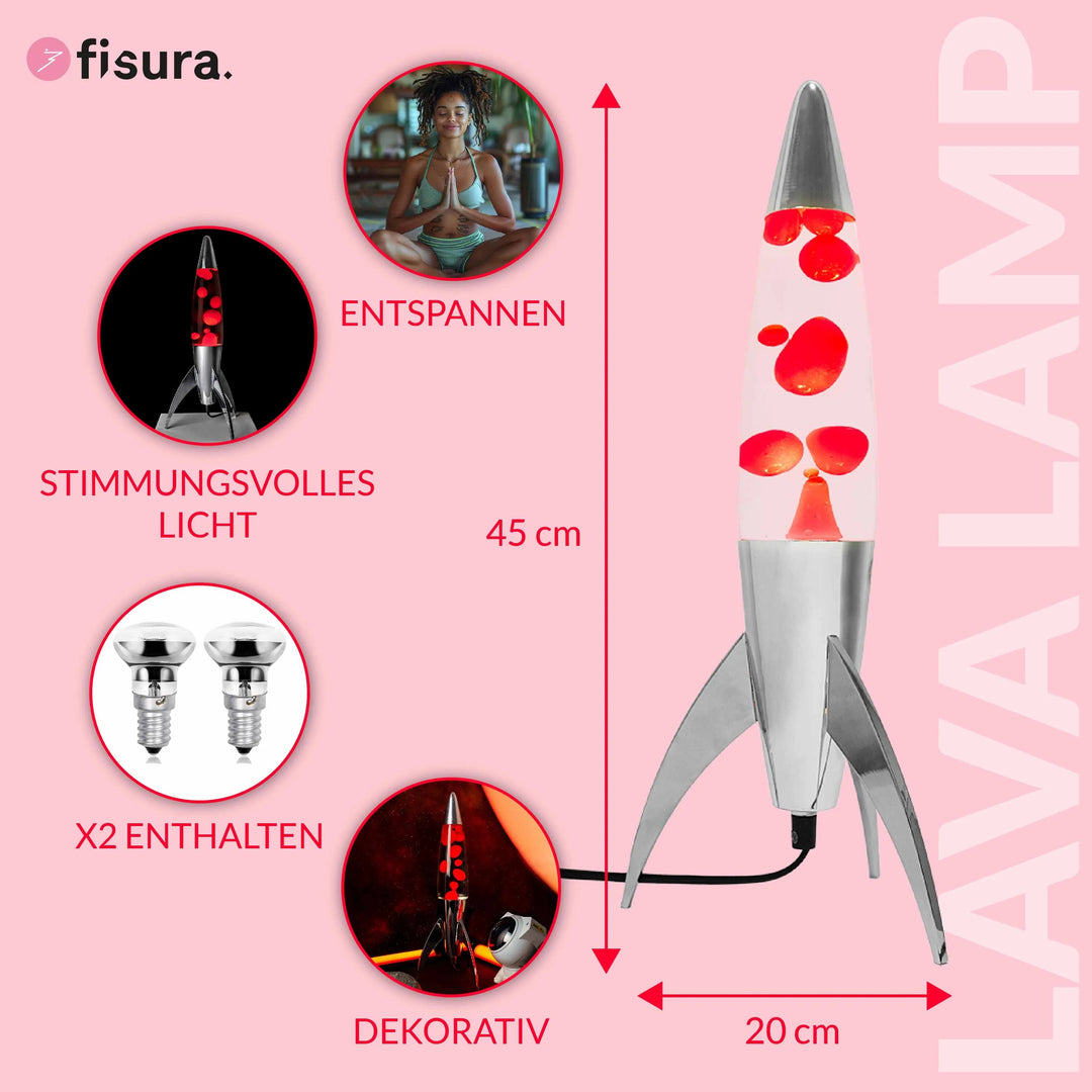 Lavalampe Rocket – Silber · Rote Lava · Retro · 45 cm | Fisura · Tischlampe