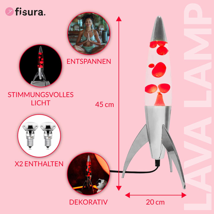 Lavalampe Rocket – Silber · Rote Lava · Retro · 45 cm | Fisura · Tischlampe