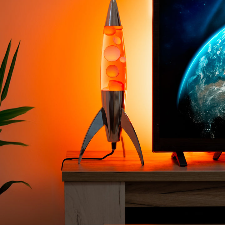 Lavalampe Rocket – Silber · Orange Lava · 45 cm | Fisura · Retrolampe