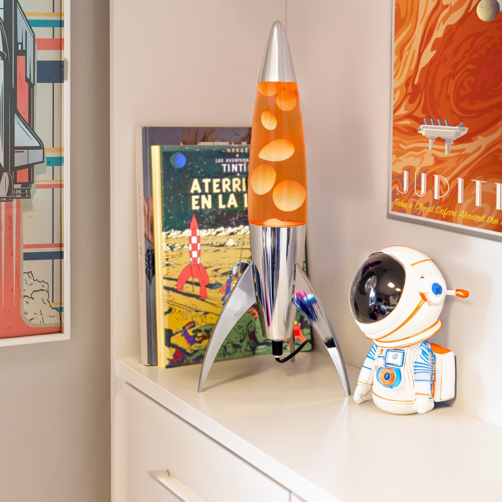 Lava Lamp Rocket – Silver · Orange Lava · Retro · 45 cm | Fisura