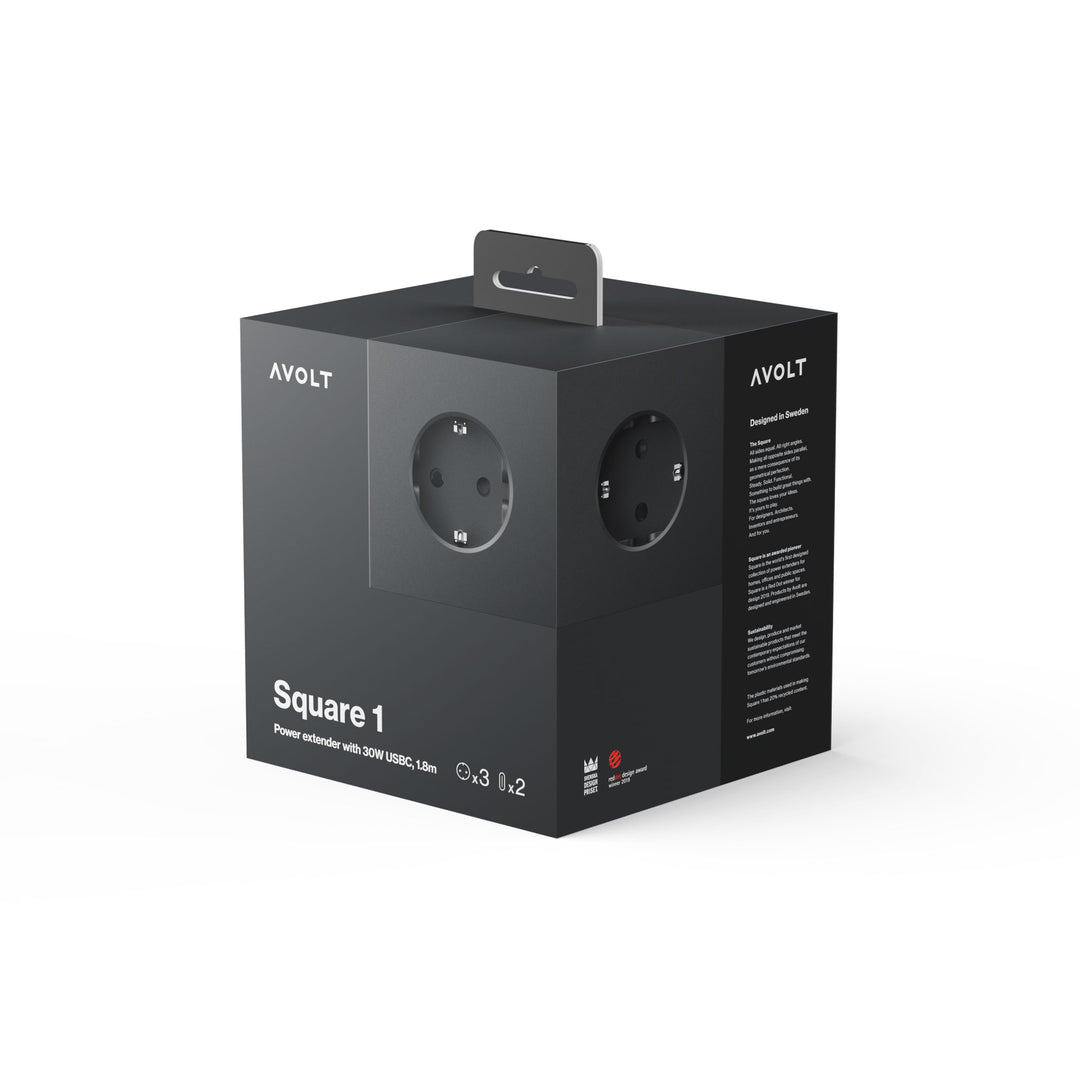 Power Strip "Square 1" – Black · USB-C 30W · 3 m | Avolt