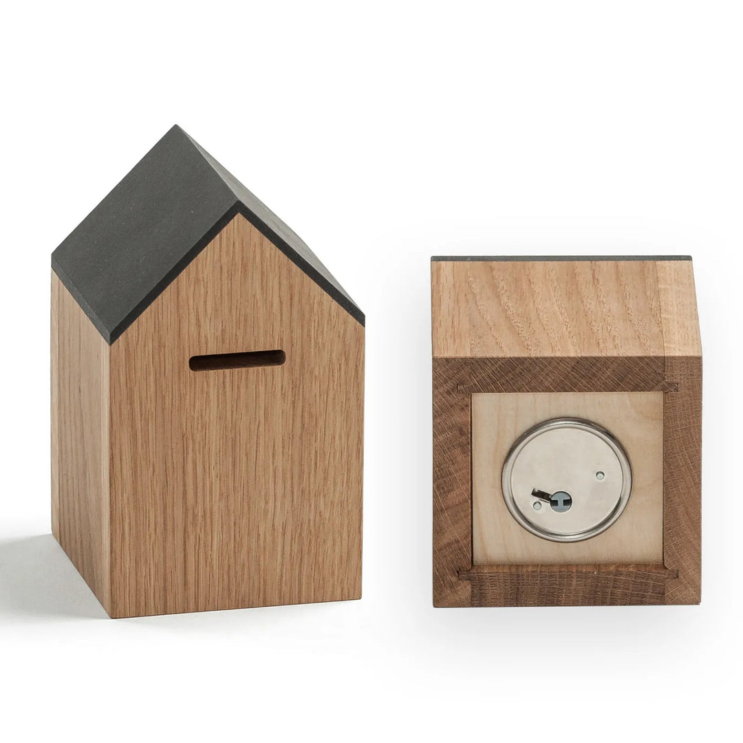 Money Box Sparhaus – Oiled Oak · 15.5 cm | side by side