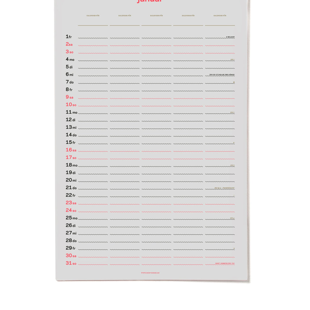 Familienkalender 2027 – Siebdruck · 5 Spalten · 26,7×42 cm | rikiki