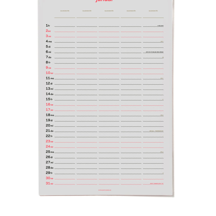 Familienkalender 2027 – Siebdruck · 5 Spalten · 26,7×42 cm | rikiki