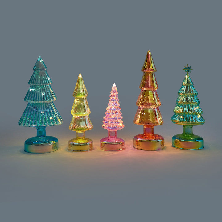 LED-Glas-Tannenbäume Klein – Bunt · 5er-Set · 18–28 cm