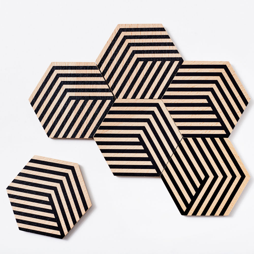 TABLE TILES Optic | GLAS-UNTERSETZER aus Holz mit 3D Grafik | 6er Set | Bower | Areaware
