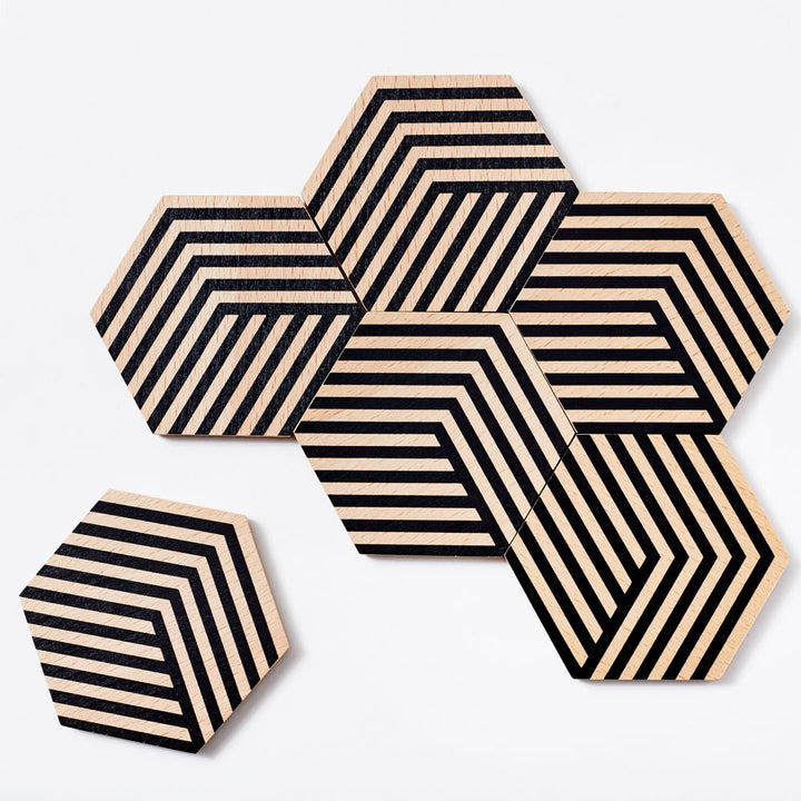 TABLE TILES Optic | GLAS-UNTERSETZER aus Holz mit 3D Grafik | 6er Set | Bower | Areaware