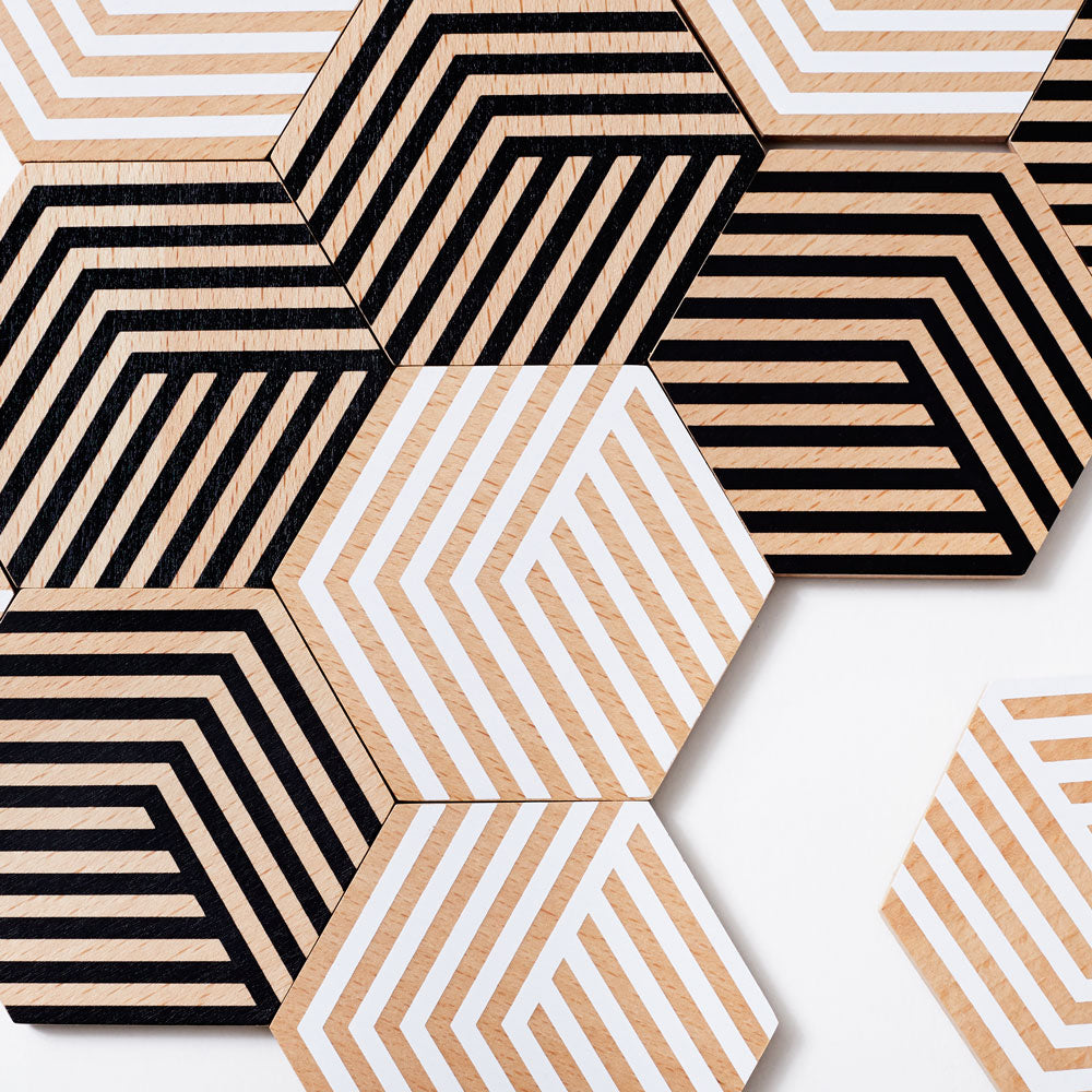 TABLE TILES Optic | GLAS-UNTERSETZER aus Holz mit 3D Grafik | 6er Set | Bower | Areaware