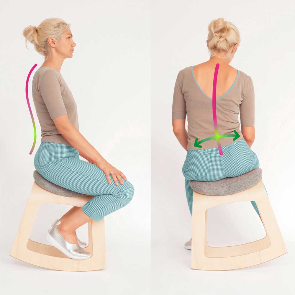 Darstellung der ergonomischen und rückenaktivierenden Sitzhaltung auf dem Muista Stuhl